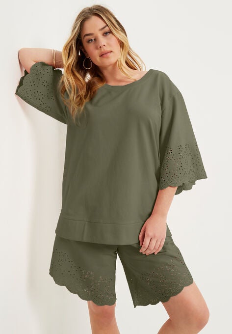 Eyelet-Detailed Shirt & Short Set, DARK OLIVE DIAMOND EYELET, hi-res image number null