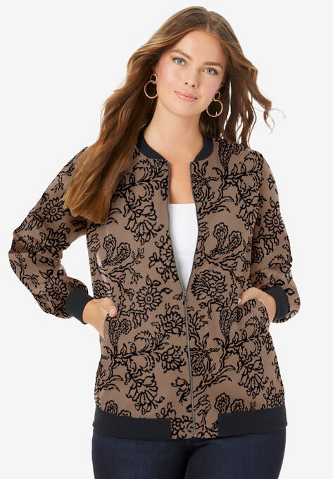Printed Bomber Jacket, BROWN SUGAR ETCHED FLORAL, hi-res image number null