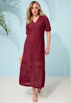 Plus Size Openwork Knit V-Neck Tiered Maxi Dress