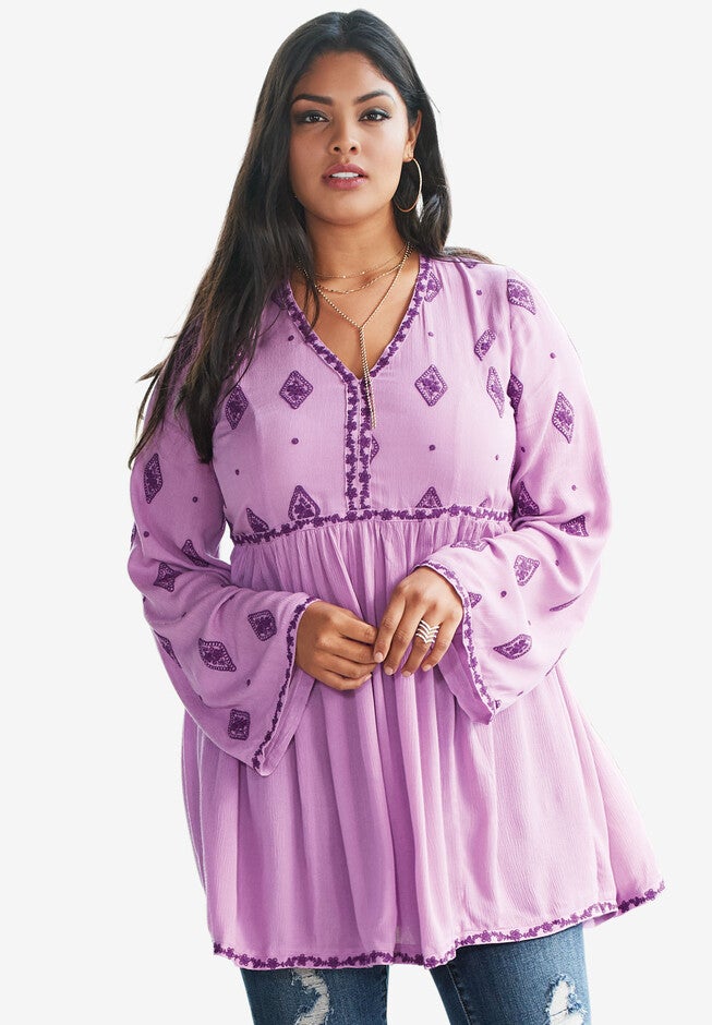 Embroidered Crinkle Tunic, NO COLOR, hi-res image number null
