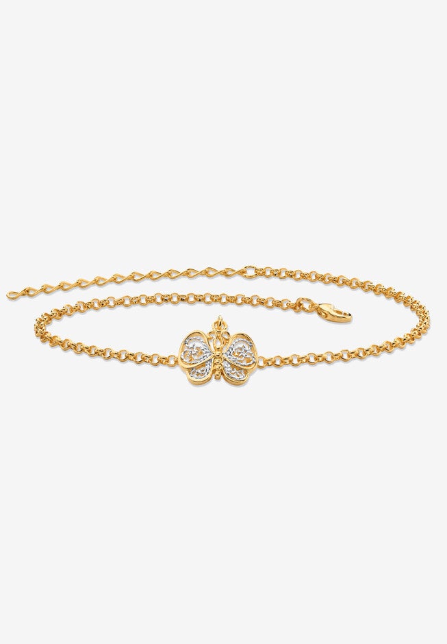 Gold-Plated Filigree Butterfly Two-Tone 9’ Ankle Bracelet 9 inches Plus Extender, GOLD, hi-res image number 0