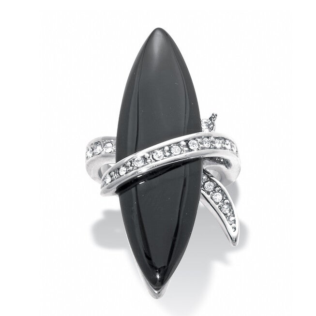 Wrapped Marquise Onyx and Crystal Platinum-Plated Ring, BLACK, hi-res image number 0