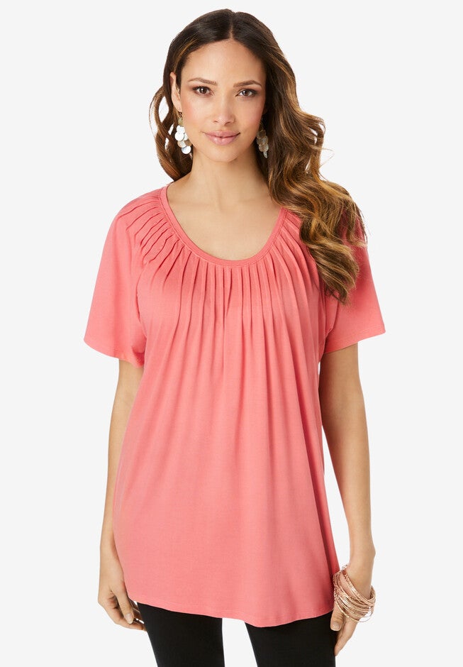 Pleated Flutter-Sleeve Ultra Femme Tee, SUNSET CORAL, hi-res image number 0