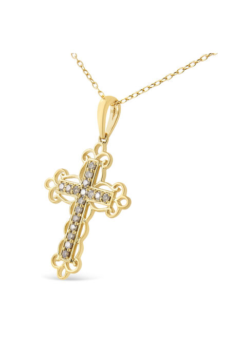 Yellow Flashed Sterling Silver Champagne Diamond Filigree Cross Pendant Necklace, , on-hover image number null