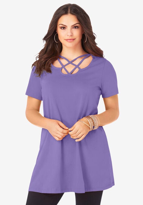 Lattice-Neck Short Sleeve Ultimate Tunic, VINTAGE LAVENDER, hi-res image number null