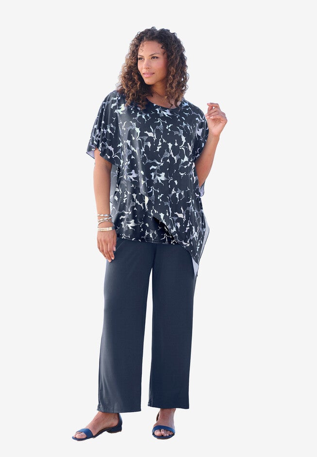 Asymmetrical Overlay Ultrasmooth® Fabric Top., NAVY LAYERED LEAVES, hi-res image number null