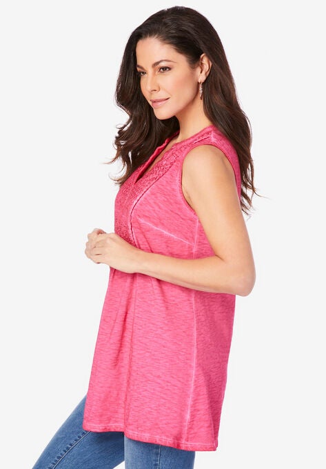 Sleeveless Lace-Trim Slub Tank, , alternate image number null