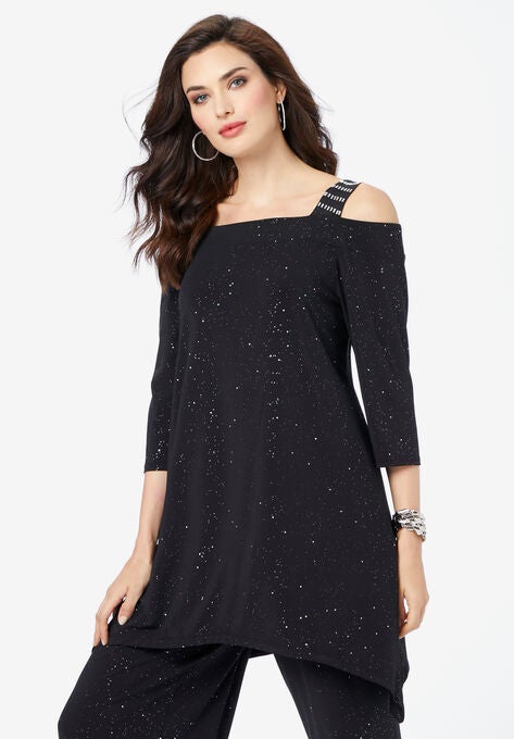 Embellished Cold-Shoulder Ultrasmooth® Fabric Top, BLACK SPARKLE, hi-res image number null
