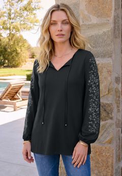 Plus Size Notch Neck Embroidered Peasant Tunic