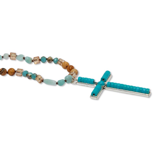 Round Genuine Turquoise Silvertone Beaded Cross Necklace 34-inch, GREEN, on-hover image number null