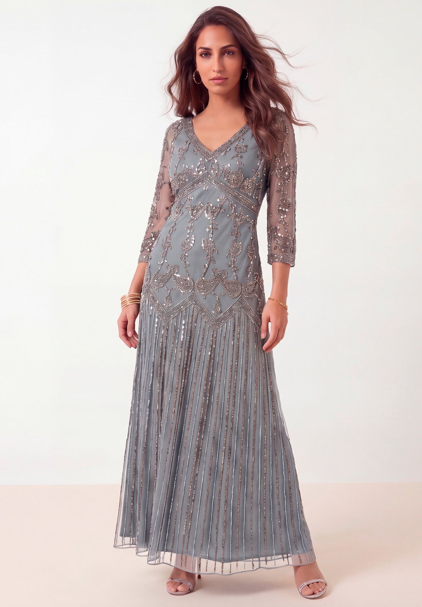 Plus Size Beaded V-Neck 3/4 Sleeve Sleeve Maxi Gown, GUNMETAL, hi-res image number 0