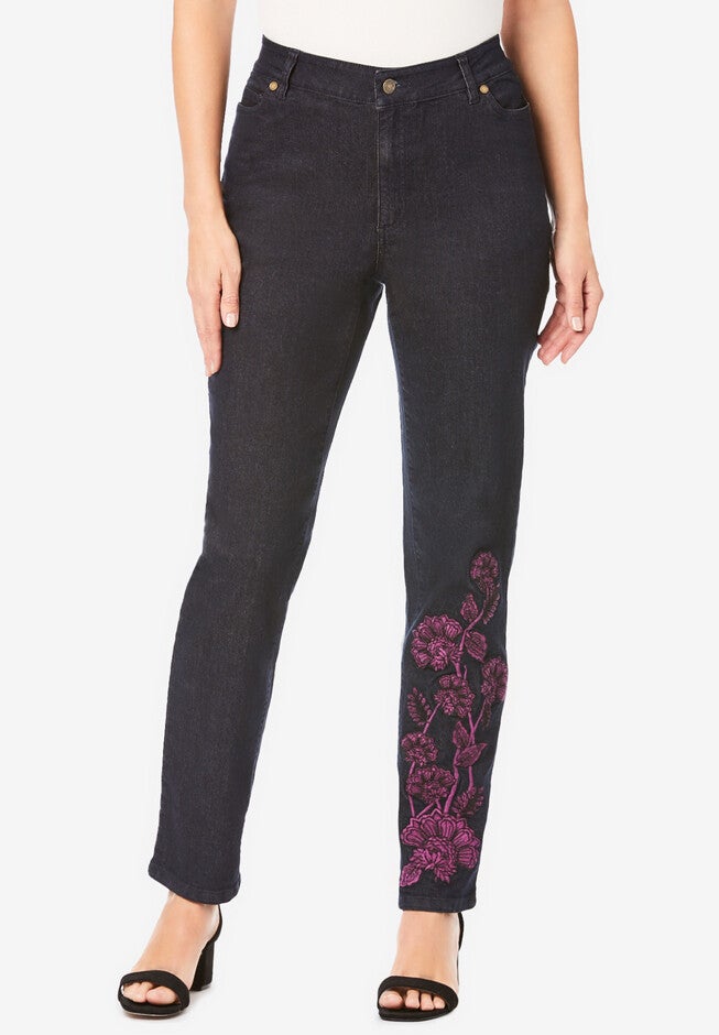 Invisible Stretch® Contour Embroidered Straight-Leg Jean, PURPLE VINE EMBELLISHMENT, hi-res image number 0