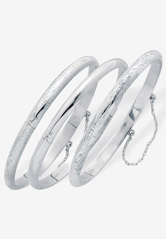 Polished, Engraved And Floral Three-Piece Bangle Set In .925 Sterling Silver Jewelry, WHITE, hi-res image number null