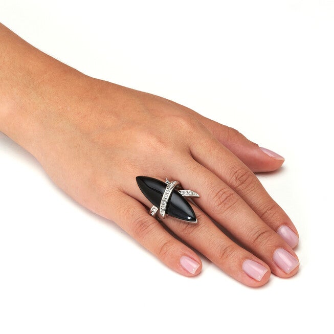 Wrapped Marquise Onyx and Crystal Platinum-Plated Ring, BLACK, alternate image number 2