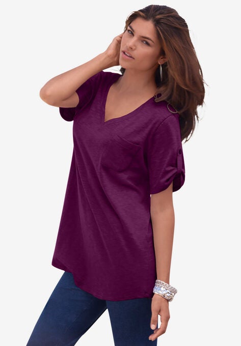 V-Neck Boyfriend Slub Tunic, DARK BERRY, hi-res image number null