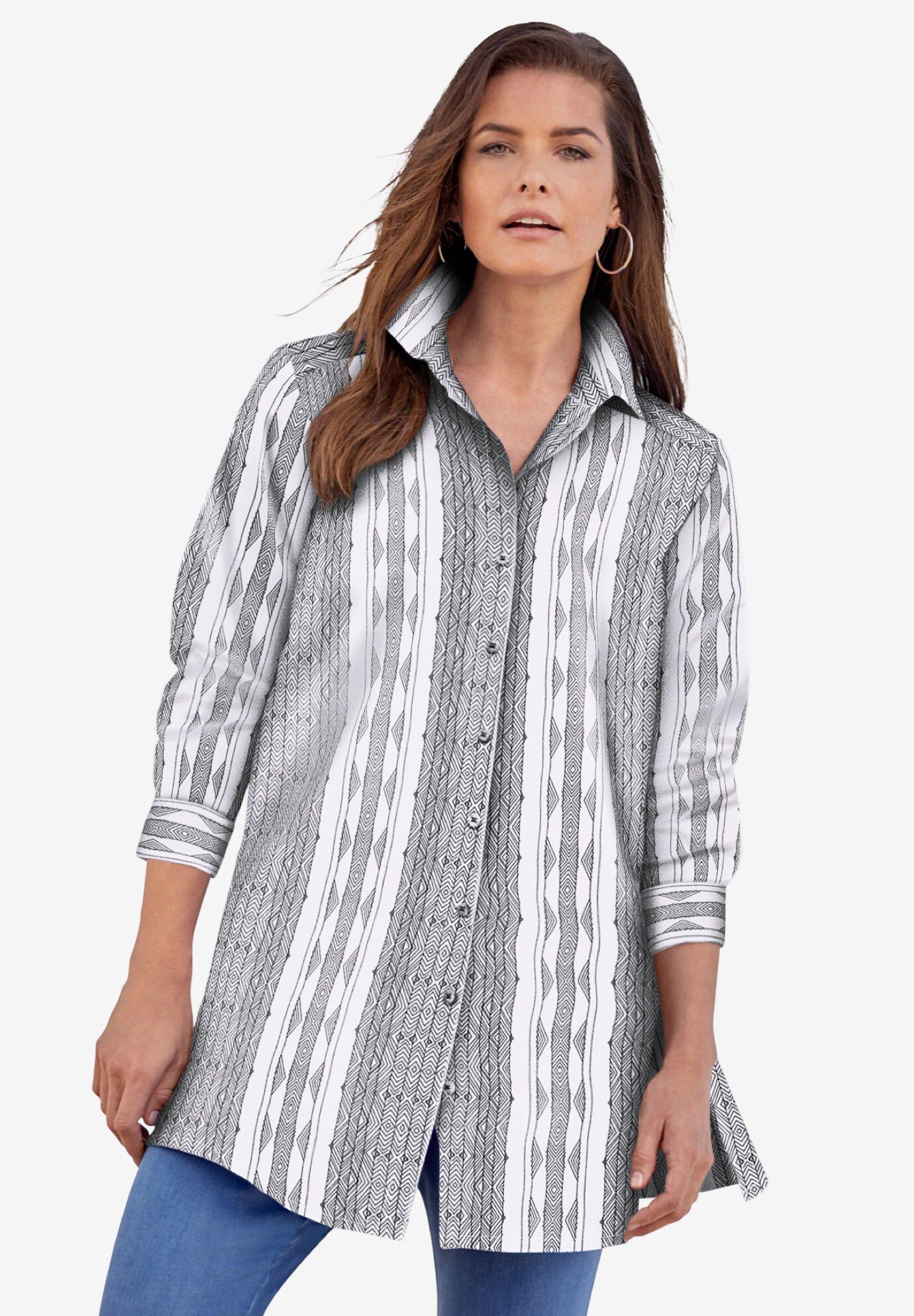 Plus Size Kate Long Sleeve Tunic Easy Cotton-Blend Button-Front Shirt