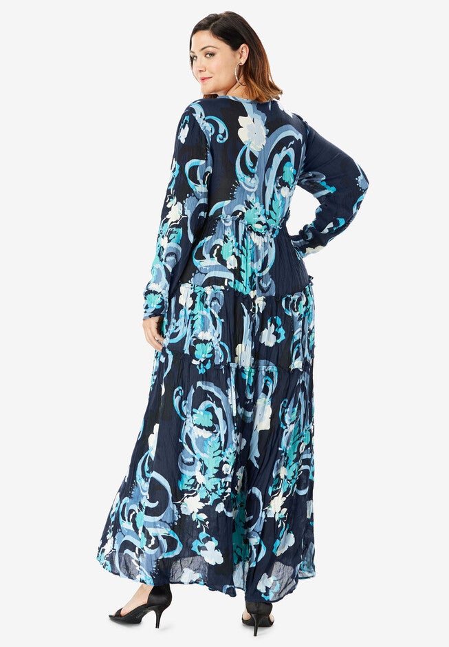 Tiered Crinkle Maxi Dress with Blouson Sleeves, , on-hover image number 1
