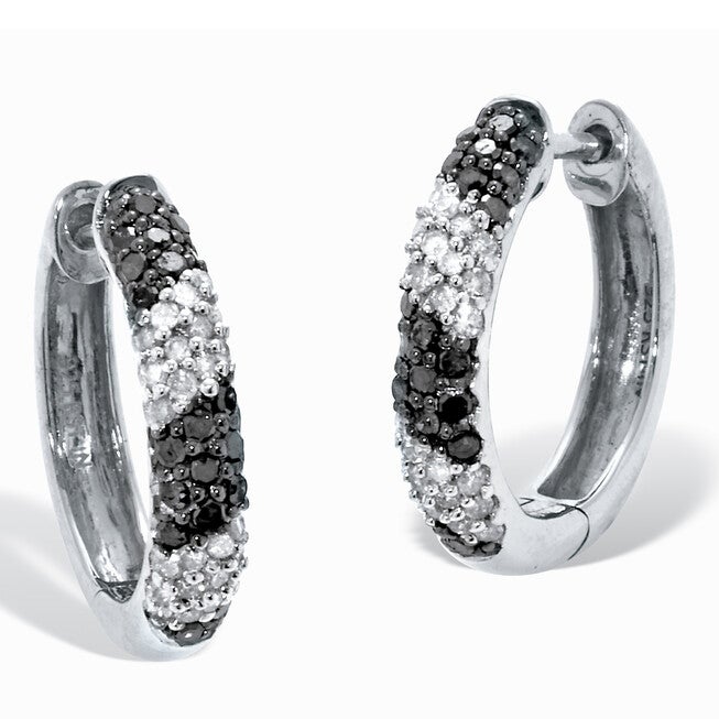.50 TCW Black and White Diamond Sterling Silver Hoop Earrings (1/2 inch), WHITE, hi-res image number 0