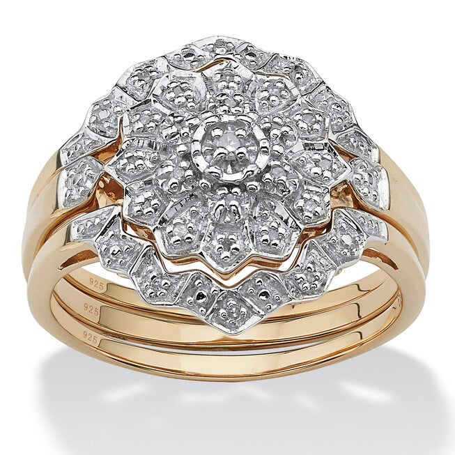 1/7 TCW Diamond 3-Piece Cluster Bridal Set Gold-Plated Sterling Silver, WHITE, hi-res image number 0