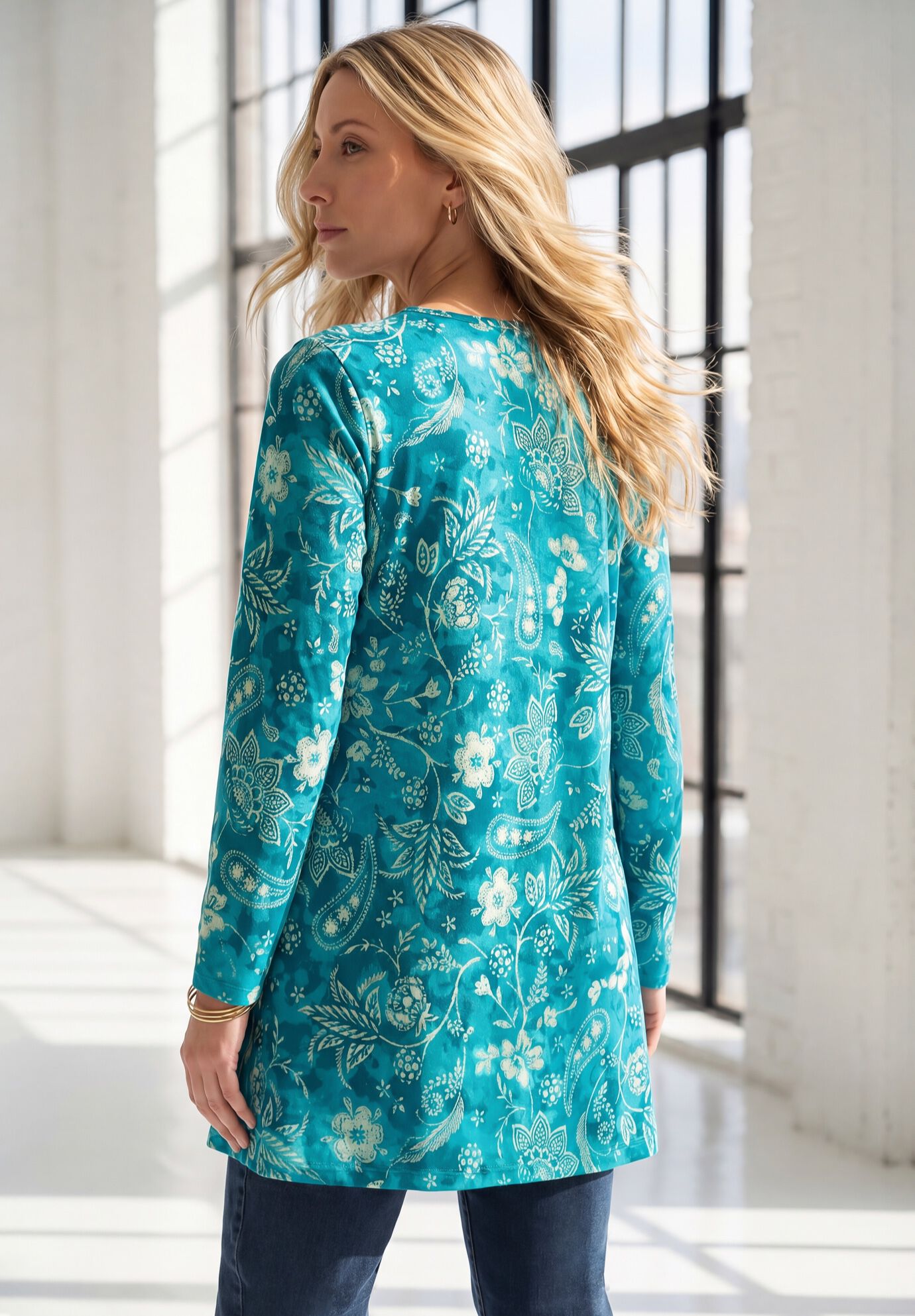 Ultimate Long Sleeve Crewneck Swing Tunic, DEEP TEAL PAISLEY TIE DYE, on-hover image number 1