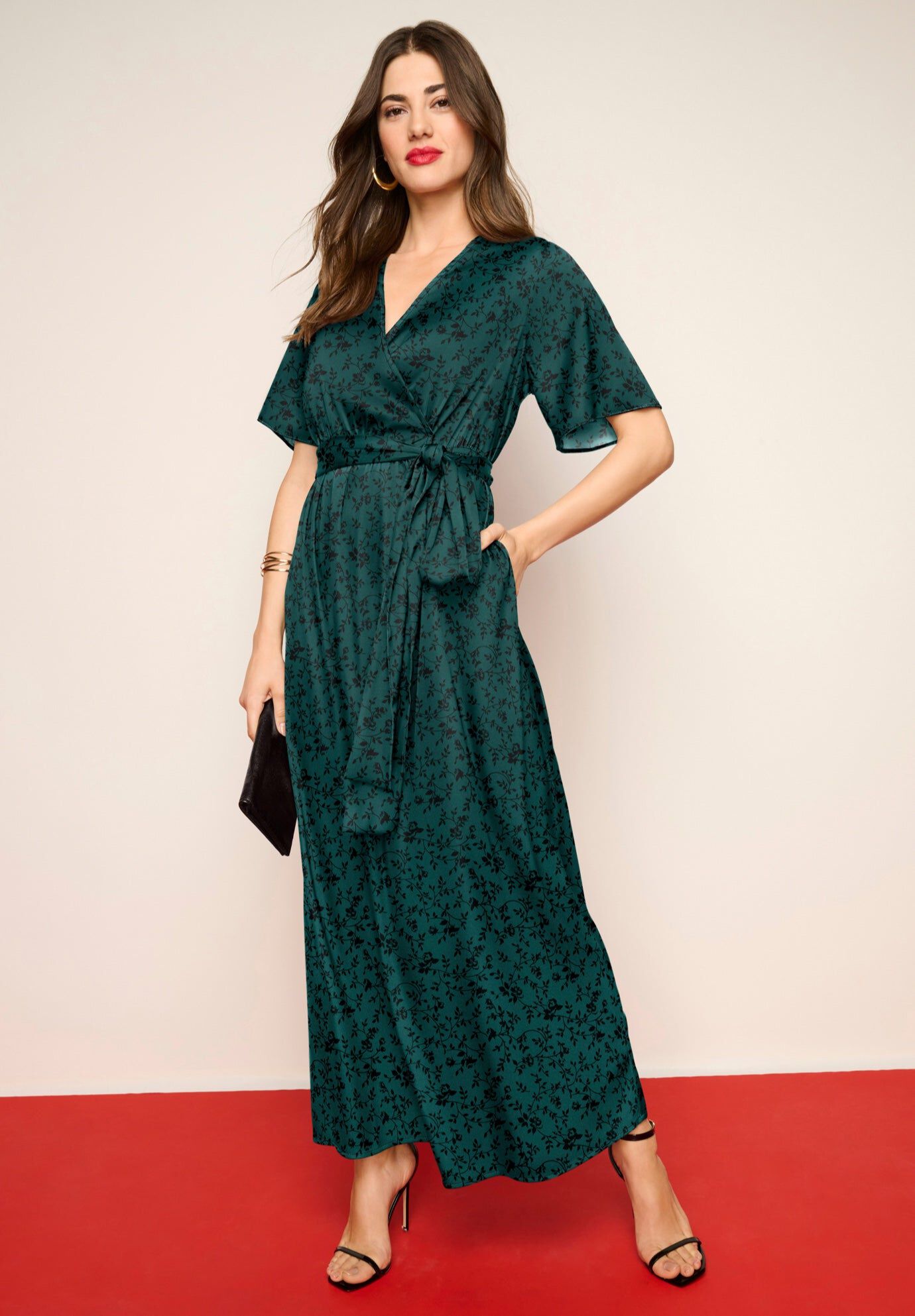 Stretch Satin Faux Wrap Dress, EMERALD DITSY VINES, hi-res image number 0