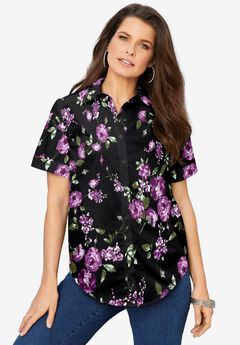 Extended Plus Size Kate Short Sleeve Easy Cotton-Blend Button-Front Shirt