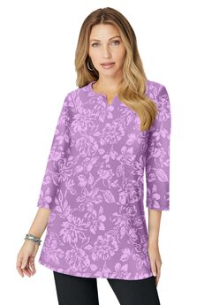 Plus Size Three-Quarter Sleeve Notch Neck Soft Knit Tunic