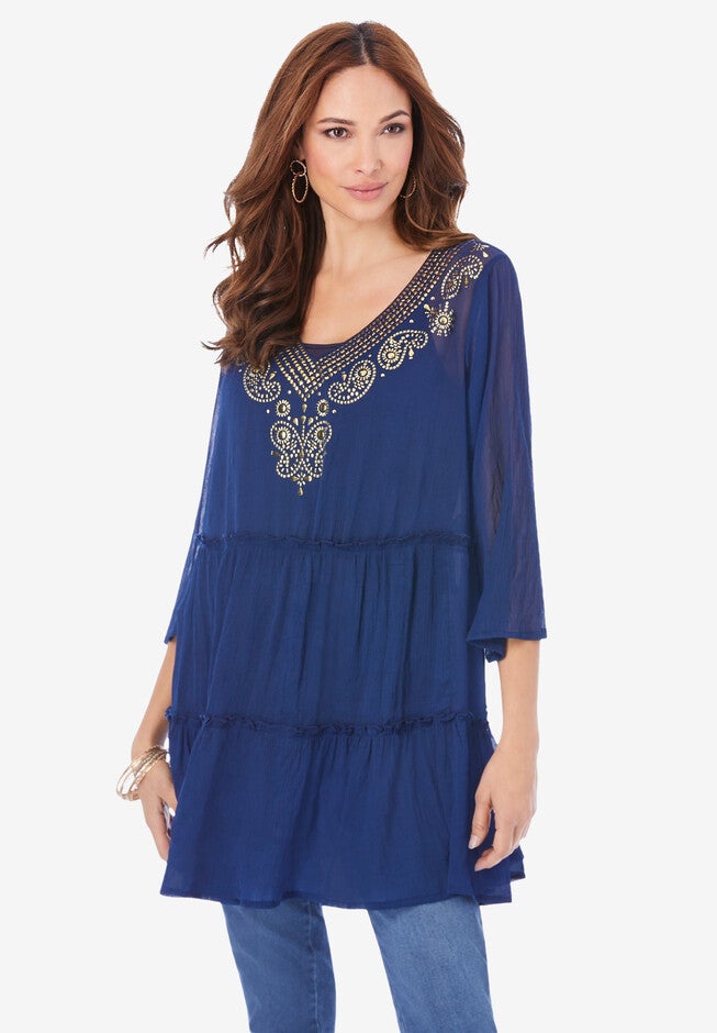 Embellished Tiered Tunic, NAVY EMBELLISHED PAISLEY, hi-res image number null