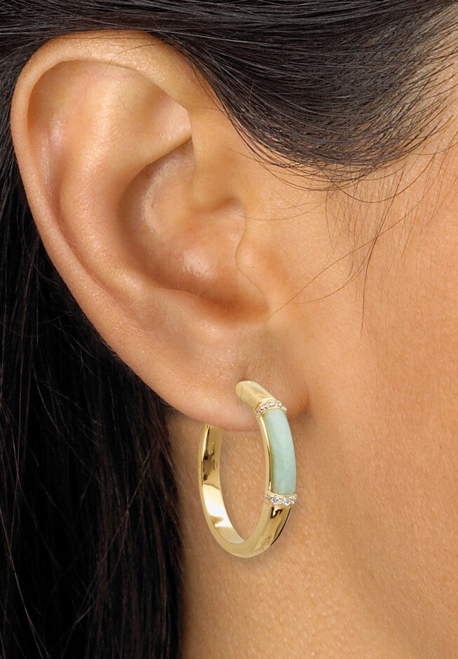 .18 Tcw Cz Cabochon Cut Genuine Green Jade 18K Yellow Gold-Plated Hoop Earrings, , alternate image number 2