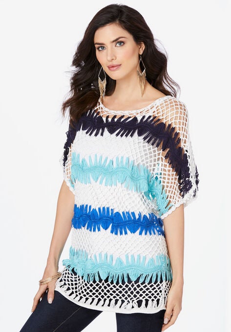 Multi Crop Crochet Pullover, NAVY COMBO, hi-res image number null
