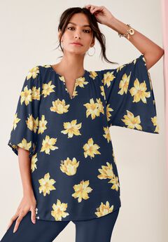 Notch-Neck Flutter-Sleeve Blouse