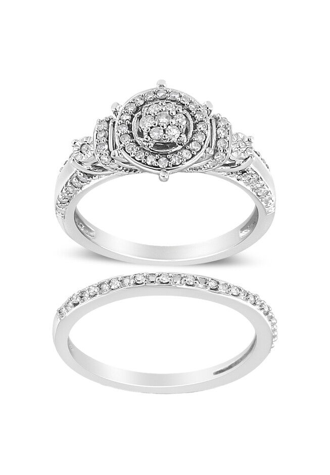 Silver 1/3 Cttw Diamond 7 Stone Cluster And Halo Engagement Set, SILVER, hi-res image number 0