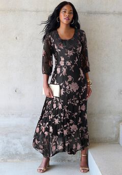 Plus-Size Velvet 3/4 Sleeve Burnout Overlay Dress with Sheer Sleeves