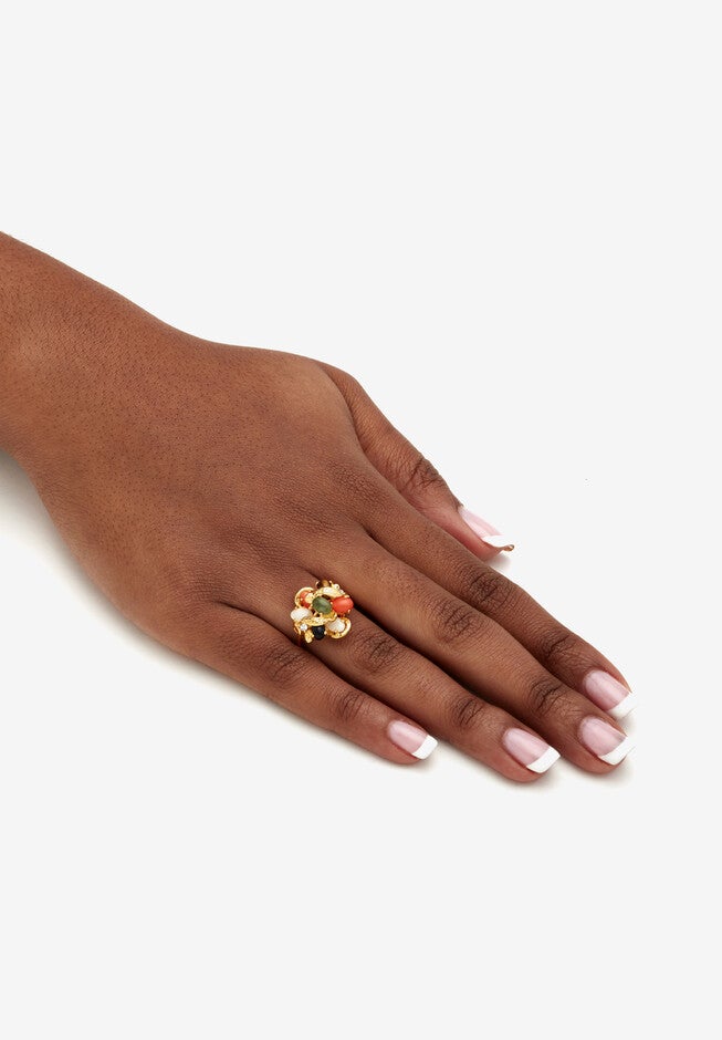 Coral, Opal, Jade, Onyx And Tiger'S-Eye Cluster Ring In Gold-Plated, , alternate image number 3