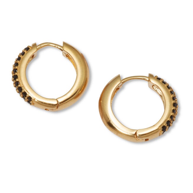 Genuine Black Spinel Yellow Gold-Plated Sterling Silver Huggie Hoop Earrings, BLACK, on-hover image number null