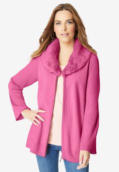 Faux Fur Collar Cardigan Sweater.