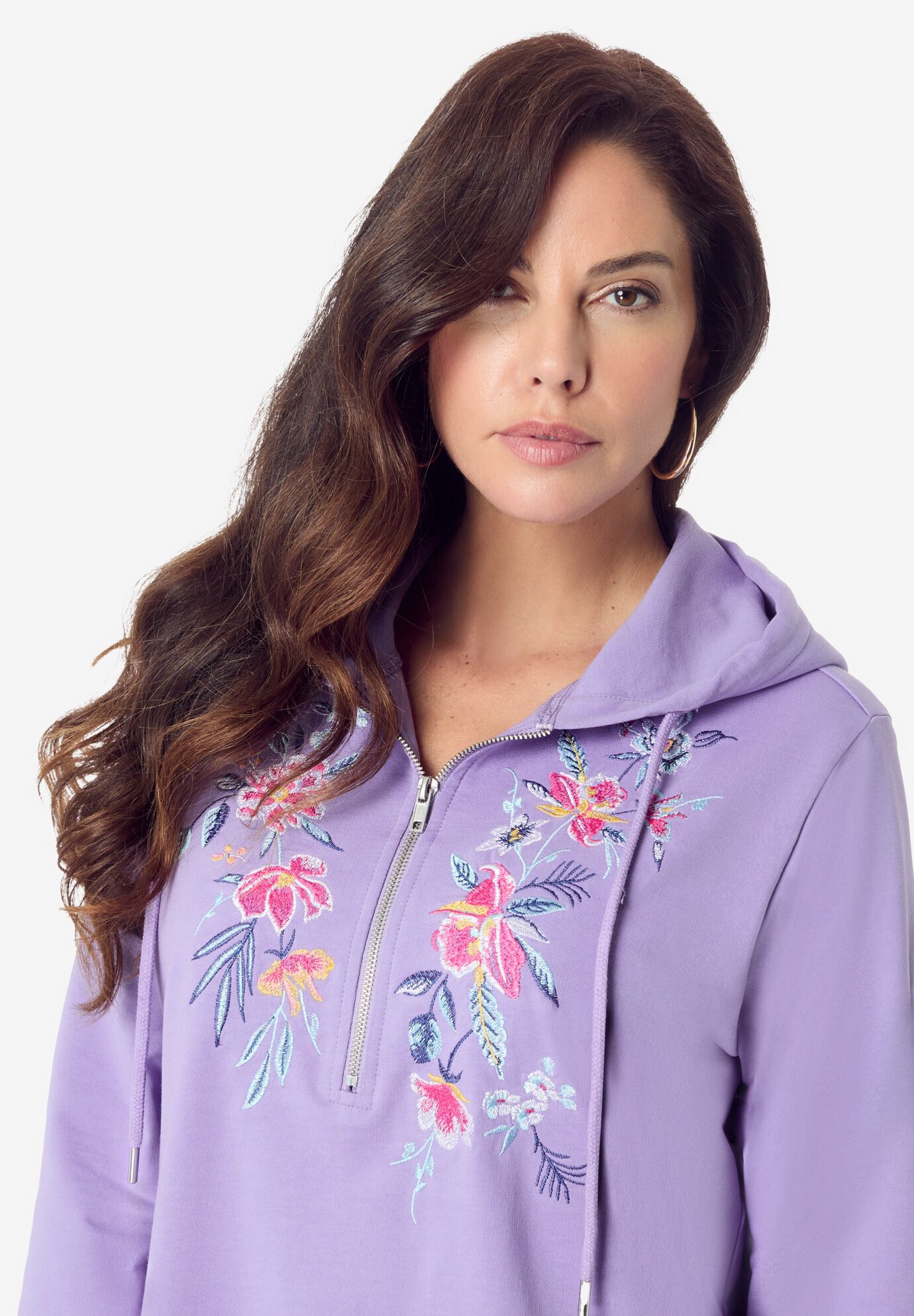 Embroidered French Terry Hoodie, LAVENDER MULTI EMBROIDERY, alternate image number 3
