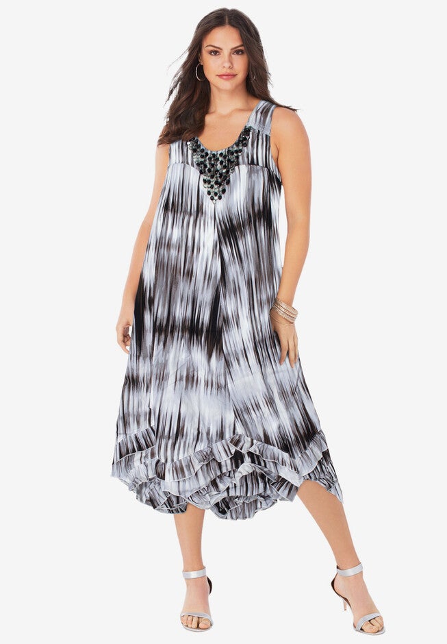 7-Day Three-Quarter Sleeve Grommet Notch Tunic, BLACK TIE DYE, hi-res image number 0