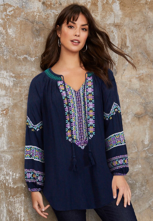 Fashionable Embroidered Peasant Blouse, Navy Boho Embroidery Roaman's