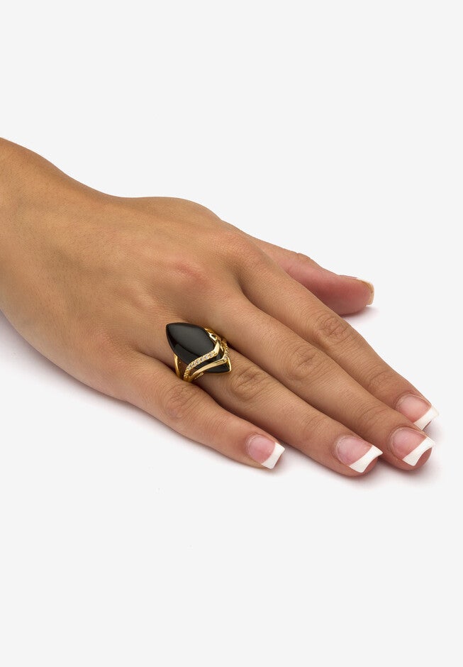 Yellow Gold-Plated Marquise Shaped Onyx And Round Ring Cubic Zirconia (1/2 Cttw) Jewelry, , alternate image number 2