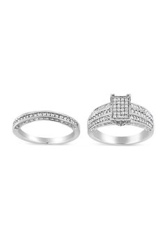 Silver 3/4 Cttw Prong Set Round Diamond Composite Engagement Ring And Band Set