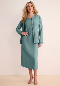 Plus Size Long Sleeve Pleated Jacket Dress Set – Elegant 2-Piece Sheath Suit