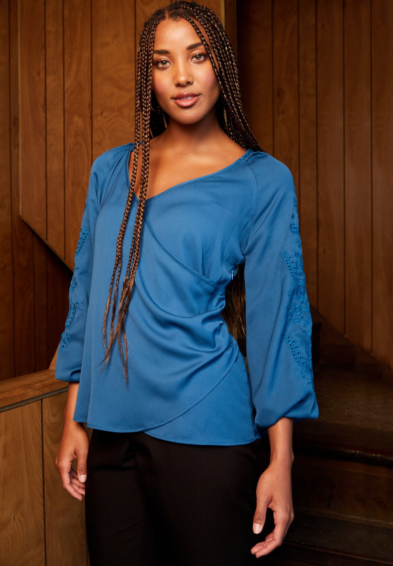 Fashionable Embroidered VNeck Wrap Blouse, Exotic Peacock Floral