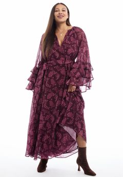 Ruffled Paisley Chiffon Maxi Dress
