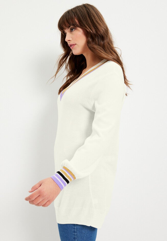 Metallic-Trim V-Neck Sweater, , alternate image number null