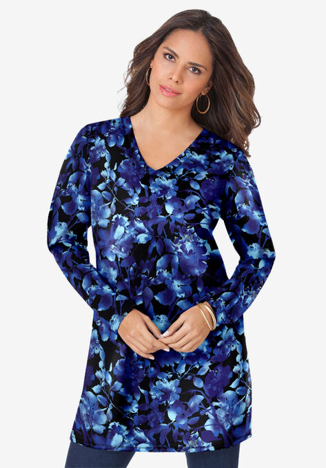 Long-Sleeve V-Neck Ultimate Tunic, BLUE SHADOW FLORAL, hi-res image number null