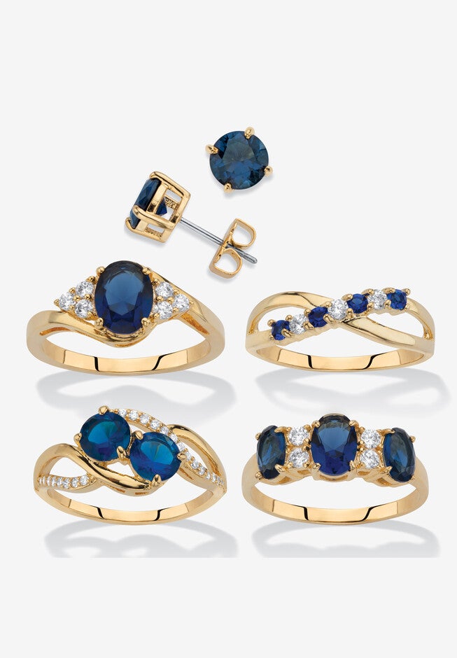 9.42 Cttw Gold-Plated Simulated Blue Sapphire And Cz Earrings And Ring Set, BLUE, hi-res image number 0