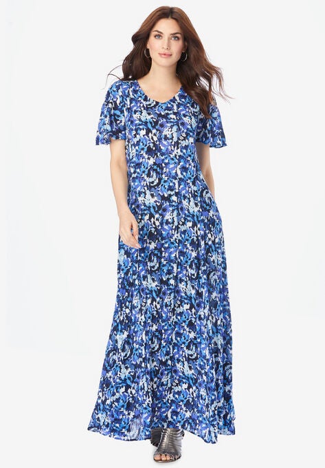 Flutter-Sleeve Crinkle Dress, NAVY IKAT FLORAL, hi-res image number null