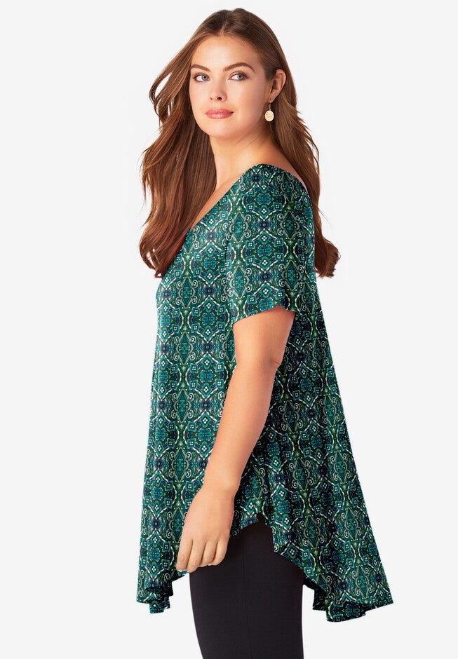 V Neck Swing Ultra Drape Tunic, GREEN FLOWER MEDALLION, alternate image number null