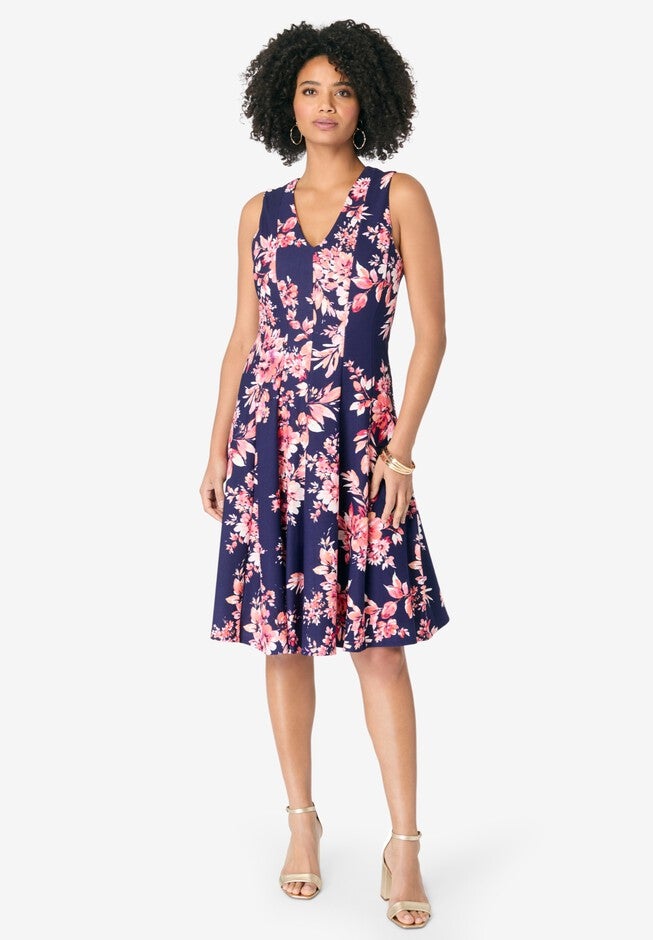 Sleeveless Fit and Flare Dress, NAVY CORAL, hi-res image number null